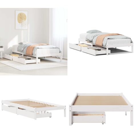 Letto senza Materasso Bianco 90x190 cm in Legno Massello Pino - Letto in legno - Letto con cassetti