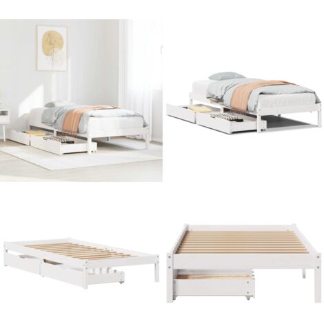 Letto senza Materasso Bianco 90x200 cm Legno Massello di Pino - Letto con cassetti - Letto con doghe