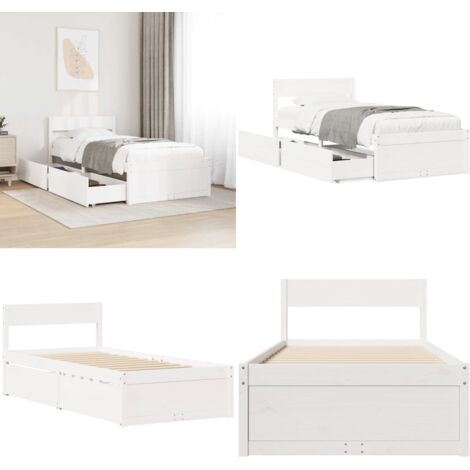 Letto senza Materasso Bianco 90x200 cm Legno Massello di Pino - Letto con cassetti - Letto in legno