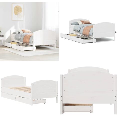 Letto senza Materasso Bianco 90x200 cm Legno Massello di Pino - Letto con cassetto - Letto con testiera