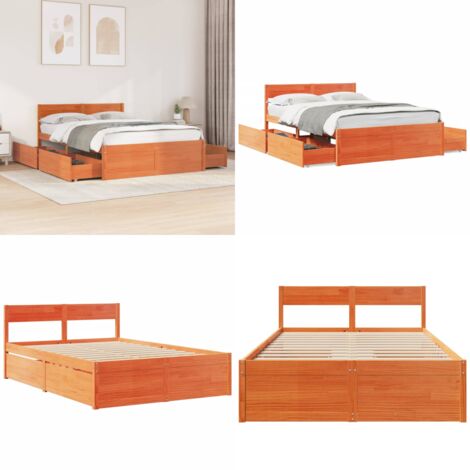 Letto senza Materasso Marrone Cera 140x190 cm in Legno di Pino - Letto con cassetti - Letto in legno
