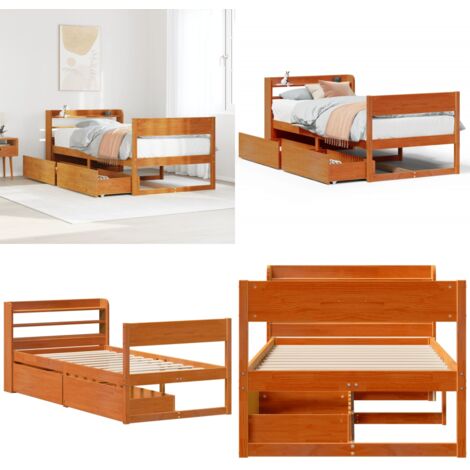 Letto senza Materasso Marrone Cera 75x190 cm in Legno di Pino - Letto in legno - Letto con cassetti