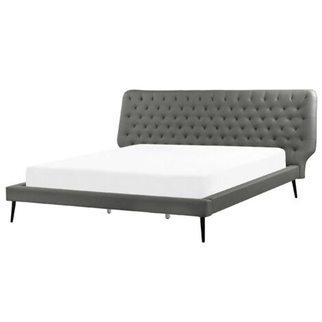Letto Similpelle Grigia con Rete a Doghe Testiera Decorativa 160 x 200 cm Essonne