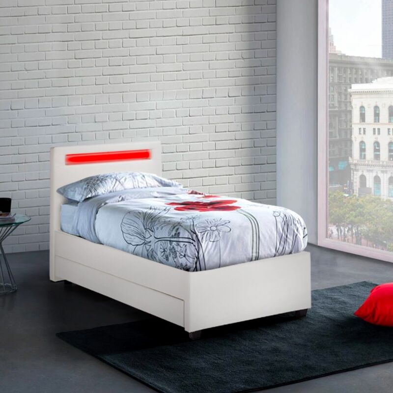 Letto singolo 1 piazza con rete testiera led e cassetti 80x190 Geneva Twin Colore: Bianco