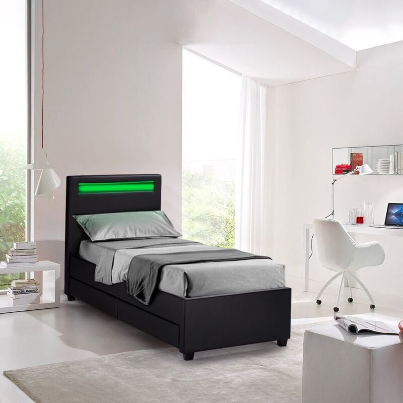 Letto singolo 1 piazza con rete testiera led e cassetti 80x190 Geneva Twin Colore: Nero