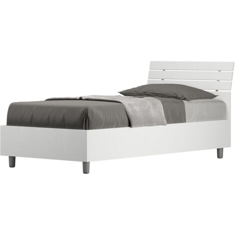 Letto Singolo 80x200 cm con Rete e Contenitore Testata Doghe Inclinata Ankel Bianco Frassino
