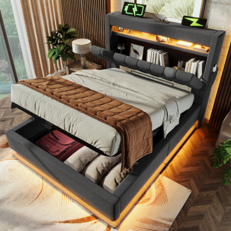 Letto Singolo 90×200 cm con Contenitore Idraulico, USB, Tipo C, LED Regolabile e Testiera con Vano Portaoggetti, senza Materasso, Lino Grigio
