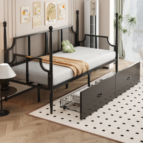 Letto Singolo 90x200 cm, con 2 Cassetti , Struttura in Metallo, Nero, per Camera (Senza Materasso)