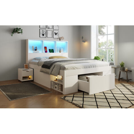 Letto singolo 90x200 cm, con vani portaoggetti, con LED e porte USB e Type-C, in legno, bianco, senza materasso