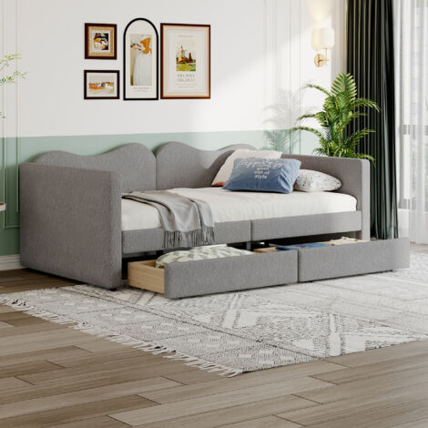 Letto singolo 90x200 cm, divano letto imbottito con 2 cassetti, giroletto in tessuto orsetto, grigio