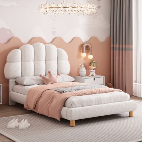 Letto singolo 90x200 cm, lettino per bambini, letto per ragazzi, letto imbottito, rete a doghe di legno, pile circolare, bianco