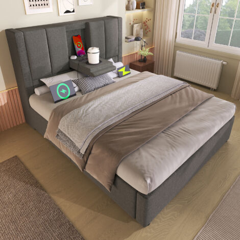 Letto singolo 90x200 cm, letto contenitore idraulico con ricarica USB e portabicchieri, rete a doghe, lino grigio(senza materasso)