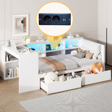 Letto singolo 90x200 cm, letto per bambini con LED e ricarica, con 2 cassetti, ripiani, MDF, bianco (senza materasso)