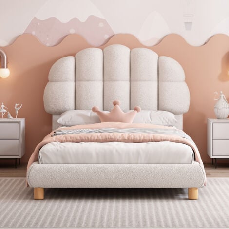 Letto singolo 90x200 cm, letto per bambini, letto per giovani, letto imbottito con testiera in orsacchiotto, PU, bianco