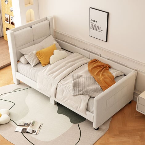 HAUSS SPLOE Letto singolo 90x200 cm, letto piano con porta USB, design minimalista, beige