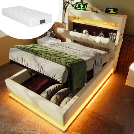 Letto Singolo 90x200 cm (Materasso Incluso) con Struttura a Cassetto Contenitore e Illuminazione LED