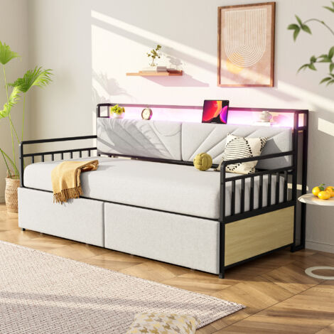 Letto singolo 90x200cm, cassetti contenitori, schienale confortevole, metallo con rivestimento beige(Senza materasso)