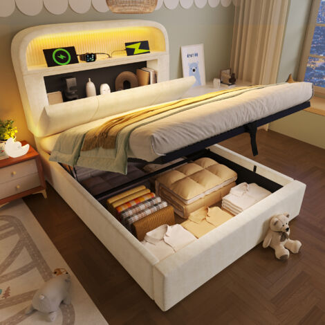 Letto singolo 90x200cm, testiera con mensola, LED e porte USB Type-C, rivestimento velluto beige(Con materasso)