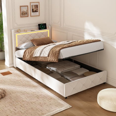 PERGAR letto singolo 90x200,letto contenitore 90x200,con rete a doghe, testiera con ricarica USB e luce LED orientabile, velluto, beige