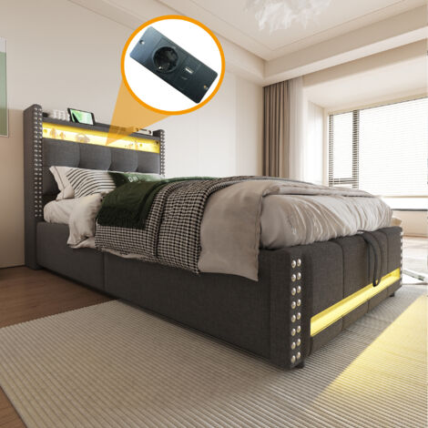 Letto Singolo Bambini 90x200 cm con Testiera e Sollevamento Idraulico, LED, USB, Tessuto Lino, Grigio (Senza Materasso)