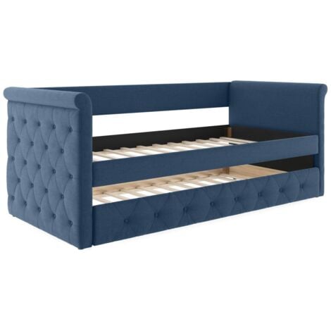 Letto singolo con letto estraibile capitonné  2 x 90 x 190 cm in tessuto blu - LOUISE