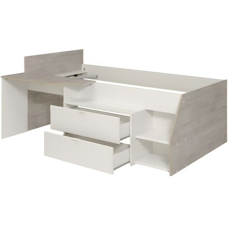 Letto singolo con scrivania integrata e vani portaoggetti inclusi 90 x 200 cm Bianco e Rovere - GISELE - Naturale chiaro, Bianco