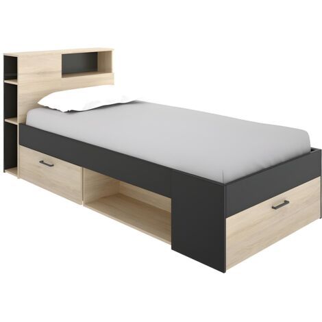 Letto singolo con testiera portaoggetti e cassetto 90 x 190 cm - Antracite e naturale - LEANDRE