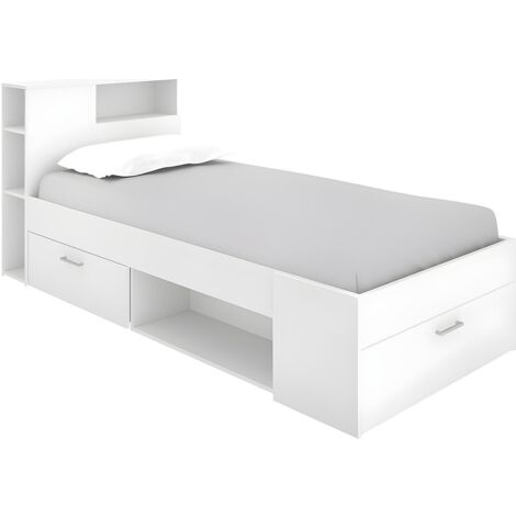 Letto singolo con testiera portaoggetti e cassetto - 90 x 190 cm Bianco - LEANDRE