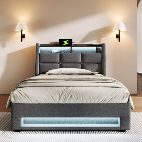Letto singolo contenitore imbottito Teen bed 90 x 200 cm con USB e LED, base in metallo, struttura in lino, grigio, senza materasso