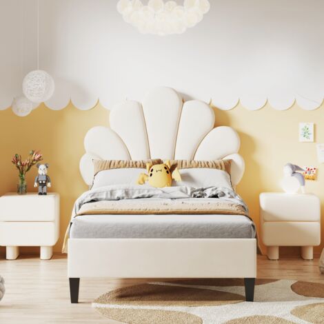letto singolo imbottito 90x200 cm - tessuto velluto, testiera a forma di petalo, rete a doghe, letto principessa, letto bambino, letto bambina - Beige