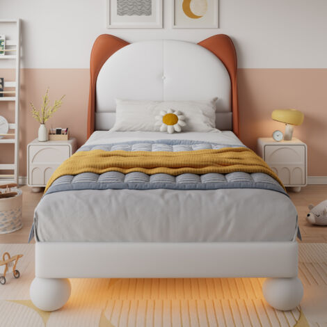 Letto singolo imbottito in PU beige e marrone, 90x200 cm, con testiera orecchie di gatto, LED e rete a doghe