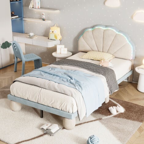 Letto singolo imbottito per bambini 90 x 200 cm con LED e testiera smerlata, velluto, beige e blu, senza materasso