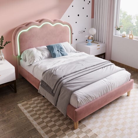 Letto singolo imbottito per ragazzi 90 x 200 cm LED con rete a doghe e testiera regolabile, velluto, rosa