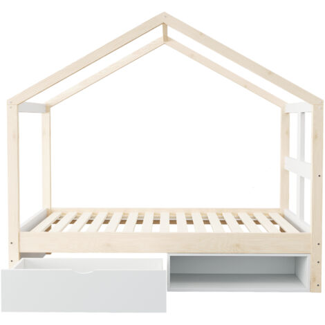 Letto singolo in legno naturale 90x190 cm con cassetto, scarpiera, LED multicolore e rete a doghe