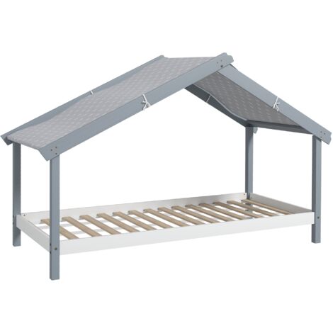 Letto Singolo per Bambini Casetta Tetto Stellato in Tessuto 213x100x140 cm Grigio