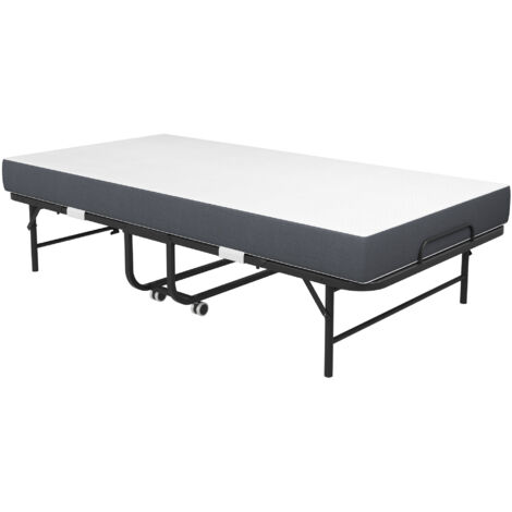 Letto singolo pieghevole per bambini 90x190 cm in metallo, letto per ragazzi, materasso in schiuma da 9,5 cm, 4 ruote con freno, nero