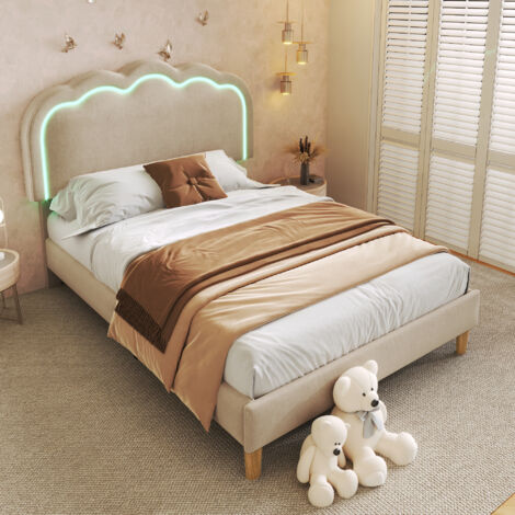 Letto singolo senza materasso, letti per bambini/adulti, testiera regolabile, LED, rete a doghe, lino, beige, 90x200 cm