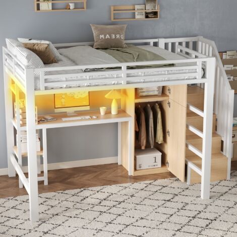 Letto soppalcato 140x200 cm, struttura del letto con scrivania, ripiani, armadio e scala con vano portaoggetti, in bianco, senza materasso