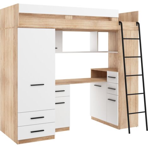 Letto soppalco con scrivania BIM Furniture SMYK P cm110x204x188h Rovere chiaro Bianco