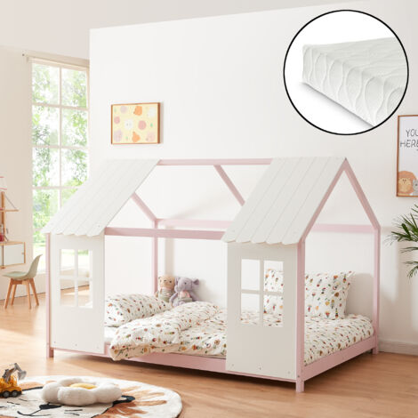 Letto Tostedt per Cameretta a Forma di Casetta con Materasso 140 x 200 Rosa / Bianco [en.casa]