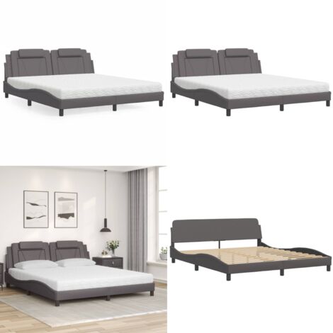 Letto Viana con Materasso Grigio 180x200 cm in Similpelle - Materasso in schiuma - Giroletto in similpelle