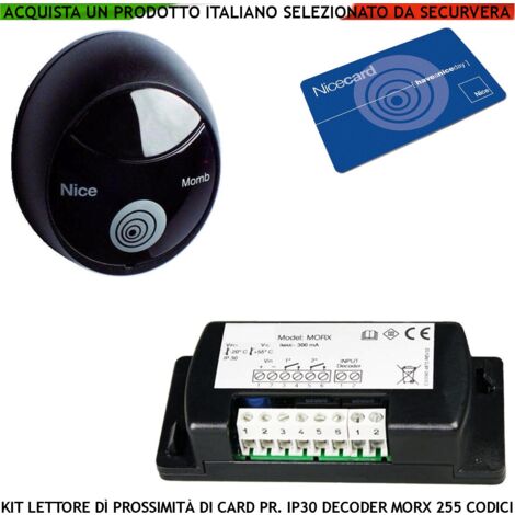 Lettore Card o Tessera Decodifica il RFID IP55 Centralina MORX Bluebus Riconosce Memorizza 255 Codici Conferma la Lettura Luce Rossa e Beep Alimentazione 24 V 2 Uscite Relè 1 Mocard Vergine Magnetica