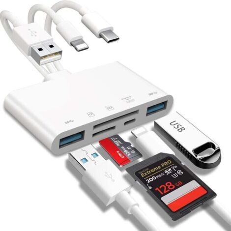 Lettore di schede di memoria 5 in 1, adattatore USB OTG e lettore di schede SD per iPhone/iPad, dispositivi USB C e USB A con slot per schede Micro SD e SD, supporta SD/Micro SD/SDHC/SDX