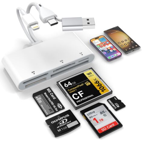 Lettore di schede di memoria 5 in 3, adattatore USB OTG Lightnin-Type C-USB A a SD/TF/CF/Micro SD/XD/MS, lettore multi-scheda per iPhone/iPad/Android/MacBook/PC con Windows/Mac/Linux/Android