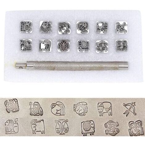 Lettre à Frapper, Outil de poinçonnage, poincon Metal a Frapper, 12 pièces en Cuir Artisanat en alliage de zinc estampage Outil de poinçonnage en Cuir et 1 poignée pour métal, Bois, Lettre