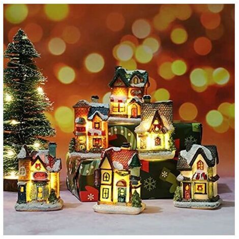 Leuchtende Weihnachtsdorf-Dekoration, 5-teilige Miniatur-Dorf-Innen-Weihnachtsdekoration, LED-Weihnachtshaus-Schneeflocken-Set, Harz-Dorflandschaft, Weihnachtsdekoration, Innen-Tischdekoration