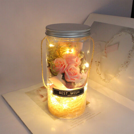 Leuchtende Wunschflasche mit konservierter ewiger Rose – Florales Glas-Nachtlicht