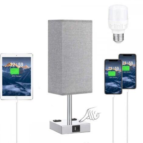 (Leuchtmittel enthalten) Touch-Nachttischlampe mit USB-C- und USB-A-Ladeanschlüssen, 3-fach dimmbar, grauer Stoffschirm, Metallfuß, Tischlampe für Schlaf-/Wohnzimmer
