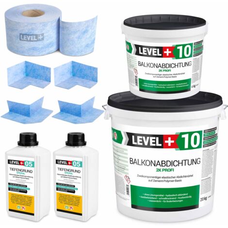 LEVEL+ Dichtset 24kg Balkonabdichtung 2K Badabdichtung Dichtband Tiefengrund SET33