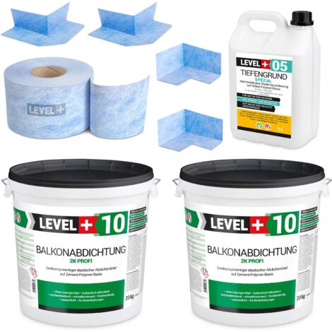 LEVEL+ Dichtset 40kg Balkonabdichtung 2K Badabdichtung Dichtband Tiefengrund SET35